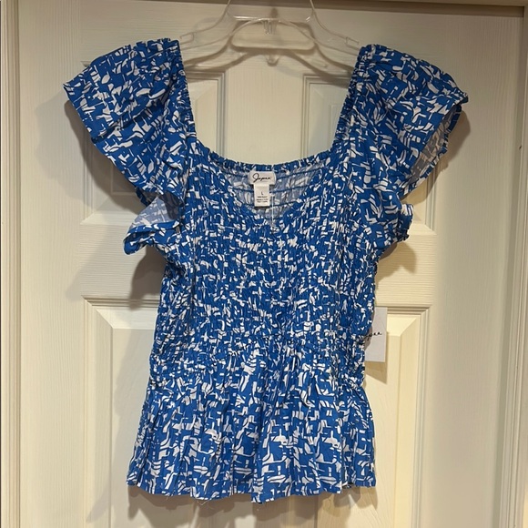 Japna Tops - Japna Blue and White Smocked Ruffle Blouse